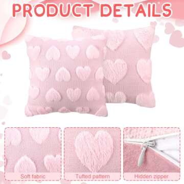 HunnmingRe 2 Pcs Valentine's Day Heart Throw Pillow Covers 18x18 Inch Embroidery Heart Love Pillow Cases Plush Faux Fur Pillowcase Valentines Day Decor for Home Living Room Bed Couch Covers(Pink)