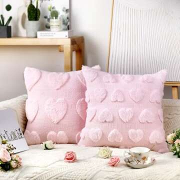 HunnmingRe 2 Pcs Valentine's Day Heart Throw Pillow Covers 18x18 Inch Embroidery Heart Love Pillow Cases Plush Faux Fur Pillowcase Valentines Day Decor for Home Living Room Bed Couch Covers(Pink)