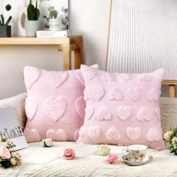 HunnmingRe 2 Pcs Valentine's Day Heart Throw Pillow Covers 18x18 Inch Embroidery Heart Love Pillow Cases Plush Faux Fur Pillowcase Valentines Day Decor for Home Living Room Bed Couch Covers(Pink)