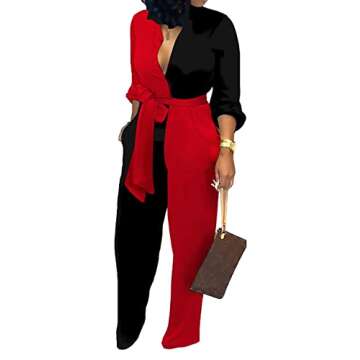 Women's Business Jumpsuits For Elegant V Neck Zipper Long Sleeve Sexy Contrast Printing Decorative Strap Straight Long Pants Rompers With Pockets