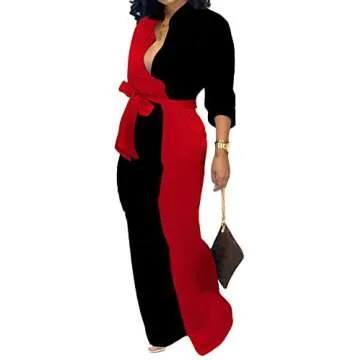 Women's Business Jumpsuits For Elegant V Neck Zipper Long Sleeve Sexy Contrast Printing Decorative Strap Straight Long Pants Rompers With Pockets