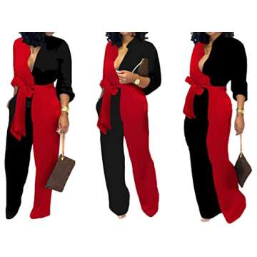 Women's Business Jumpsuits For Elegant V Neck Zipper Long Sleeve Sexy Contrast Printing Decorative Strap Straight Long Pants Rompers With Pockets