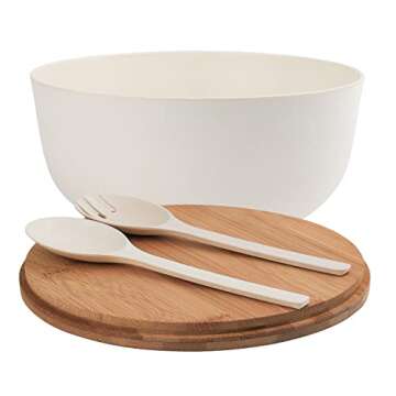 LOVYANXUE Bamboo Fiber Salad Bowl with Servers Set Large 9.8inches Nature Bamboo Mixing Bowl with Servers with Lid Spoon and Fork for Fruits,Salads and Vegetables