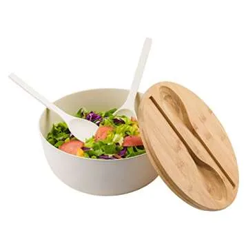 LOVYANXUE Bamboo Fiber Salad Bowl with Servers Set Large 9.8inches Nature Bamboo Mixing Bowl with Servers with Lid Spoon and Fork for Fruits,Salads and Vegetables