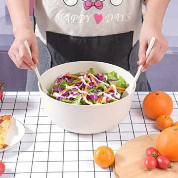 LOVYANXUE Bamboo Fiber Salad Bowl with Servers Set Large 9.8inches Nature Bamboo Mixing Bowl with Servers with Lid Spoon and Fork for Fruits,Salads and Vegetables