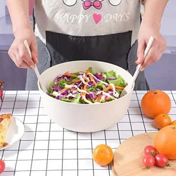 LOVYANXUE Bamboo Fiber Salad Bowl with Servers Set Large 9.8inches Nature Bamboo Mixing Bowl with Servers with Lid Spoon and Fork for Fruits,Salads and Vegetables