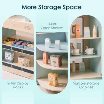 ROBUD Grocery Store Playset, Kids Play Store, Wooden Supermarket Playset with Cash Register, Chalkboard, Vending Machine, Coffee Machine, Oven, Play Food Accessories, Gift for Boys Girls 3+