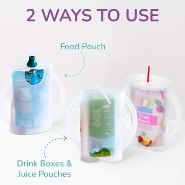 Flipping Holder Squeeze Proof Food Pouch Holder for Toddlers, Babies, Kids, Mess Free No Squeeze Juice Box Drink and Applesauce Snack Holder with Easy Grip Handles and Lid