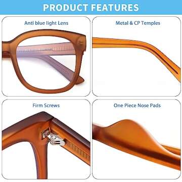 JIM HALO Oversized Blue Light Glasses for Women Square Chunky Bluelight Computer Glasses Reduce Eye Strain Metal PC Temples Brown