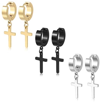 TXPFF 3 Pairs of Cross Earrings Dangle Hinged Men Earrings Stainless Steel Cross hoop Earrings for M...