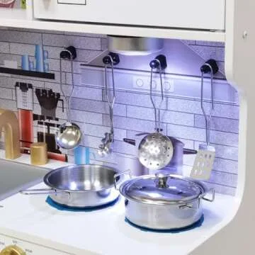 TOUCH US Wooden Play Kitchen Toy Set with Light, Kids Children Pretend Toy Kitchen Playset, Sink with Faucet, Oven, Microwave, Kitchenware Set Accessories for Ages 3-8 Girls Boys