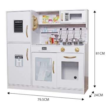 TOUCH US Wooden Play Kitchen Toy Set with Light, Kids Children Pretend Toy Kitchen Playset, Sink with Faucet, Oven, Microwave, Kitchenware Set Accessories for Ages 3-8 Girls Boys