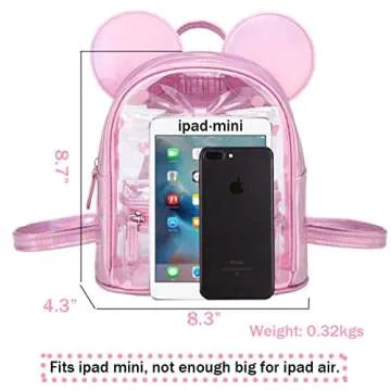 Sunwel Fashion Little Girls Mini Clear Backpack Cute Ears with Glitter Polka Dots Bow Transparent Daypack See-thru Backpack (Pink)