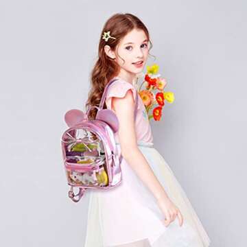 Sunwel Fashion Little Girls Mini Clear Backpack Cute Ears with Glitter Polka Dots Bow Transparent Daypack See-thru Backpack (Pink)