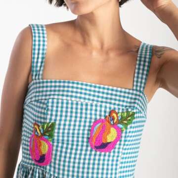 Yuemengxuan Women Gingham Embroidered Maxi Dress Sleeveless Back Smocked Tiered Flowy A Line Long Dress Summer Sundresses