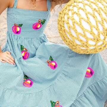 Yuemengxuan Women Gingham Embroidered Maxi Dress Sleeveless Back Smocked Tiered Flowy A Line Long Dress Summer Sundresses