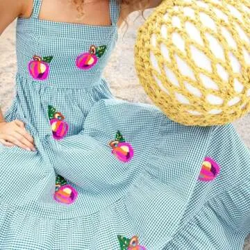 Yuemengxuan Women Gingham Embroidered Maxi Dress Sleeveless Back Smocked Tiered Flowy A Line Long Dress Summer Sundresses