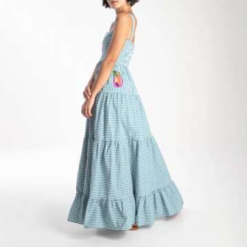 Yuemengxuan Women Gingham Embroidered Maxi Dress Sleeveless Back Smocked Tiered Flowy A Line Long Dress Summer Sundresses