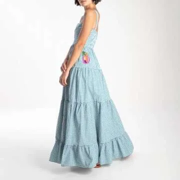 Yuemengxuan Women Gingham Embroidered Maxi Dress Sleeveless Back Smocked Tiered Flowy A Line Long Dress Summer Sundresses