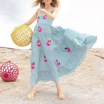 Yuemengxuan Women Gingham Embroidered Maxi Dress Sleeveless Back Smocked Tiered Flowy A Line Long Dress Summer Sundresses