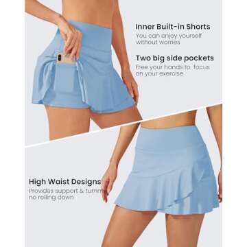 G4Free Skorts for Woman Trendy Pleated Tennis Skirt with Pockets Golf Skirts Quick Dry Layered Ruffle Casual Skirt (Light Blue,M)