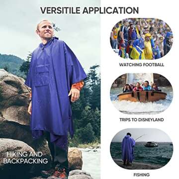 PTEROMY Hooded Rain Poncho for Adult with Pocket, Waterproof Lightweight Unisex Raincoat for Hiking Camping Emergency (Blue)