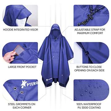 PTEROMY Hooded Rain Poncho for Adult with Pocket, Waterproof Lightweight Unisex Raincoat for Hiking Camping Emergency (Blue)