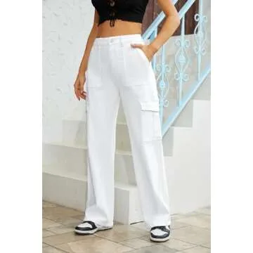 QYANGG High Waist Cargo Pants Women Stretch Baggy Cargo Pants Women Multiple Pockets Relaxed Fit Straight Wide Leg Y2K Pants White