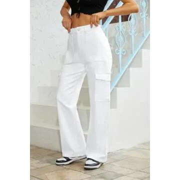 QYANGG High Waist Cargo Pants Women Stretch Baggy Cargo Pants Women Multiple Pockets Relaxed Fit Straight Wide Leg Y2K Pants White