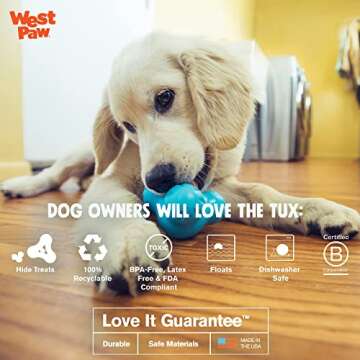 West Paw Zogoflex Tux Treat Dispensing Dog Chew Toy – Interactive Chewing Toy for Dogs – Dog Enrichment Toy – Dog Games for Aggressive Chewers, Fetch, Catch – Holds Kibble, Treats, Small 4", Aqua Blue