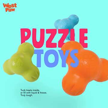 West Paw Zogoflex Tux Treat Dispensing Dog Chew Toy – Interactive Chewing Toy for Dogs – Dog Enrichment Toy – Dog Games for Aggressive Chewers, Fetch, Catch – Holds Kibble, Treats, Small 4", Aqua Blue