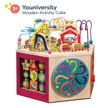 B. toys- Youniversity- Wooden Activity Cube – Developmental Learning Center – Toys for Toddlers, Kids – Alphabet, Numbers, Shapes – 12 Months +