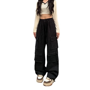 Weierpidan Cargo Pants Women High Waisted Streetwear Casual Pants with 10 Pockets Relaxed Fit Black
