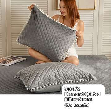 LIFEREVO 2 Pack Diamond Quilted Velvet Bed Pillowcases, Pom Poms Fringe Decorative Throw Pillow Sham...
