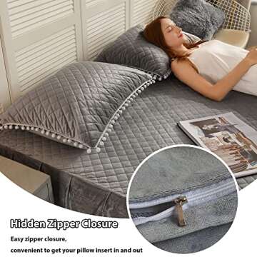 LIFEREVO 2 Pack Diamond Quilted Velvet Bed Pillowcases, Pom Poms Fringe Decorative Throw Pillow Shams Set of 2, Soft Bed Pillow Cases Zipper Closure for Teen's Girls Bedroom (Gray, Standard/Queen)