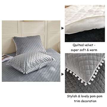 LIFEREVO 2 Pack Diamond Quilted Velvet Bed Pillowcases, Pom Poms Fringe Decorative Throw Pillow Shams Set of 2, Soft Bed Pillow Cases Zipper Closure for Teen's Girls Bedroom (Gray, Standard/Queen)