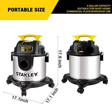 STANLEY 4 Gallon Wet Dry Vacuum, 4 Peak HP Stainless Steel 3 in 1 Shop Vacuum Blower with Powerful S...