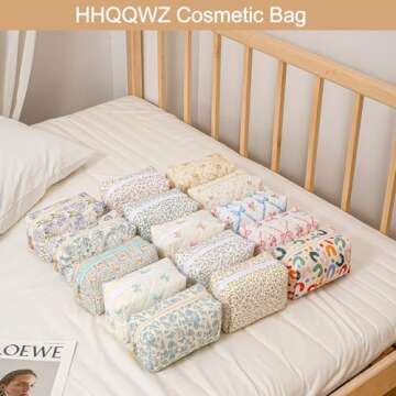 HHQQWZ Cute Floral Cotton Makeup Bag, Quilted Makeup Bag for Women Girls, Travel Floral Cosmetic Bag Zipper Make Up Pouch, Flowers Toiletry Organizer Bag (Small Red Bowknot)