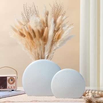 ZENS Rustic Ceramic Vase Set of 2, Minimalist Off-White Boho Pampas Flower Vase, Matte Grainy Texture Bookshlef Vases for Ins Style Home Decor Living Room Table Centerpiece