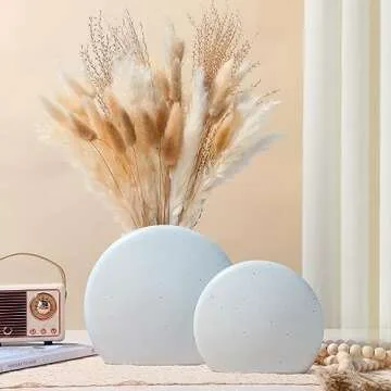 ZENS Rustic Ceramic Vase Set of 2, Minimalist Off-White Boho Pampas Flower Vase, Matte Grainy Texture Bookshlef Vases for Ins Style Home Decor Living Room Table Centerpiece