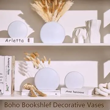 ZENS Rustic Ceramic Vase Set of 2, Minimalist Off-White Boho Pampas Flower Vase, Matte Grainy Texture Bookshlef Vases for Ins Style Home Decor Living Room Table Centerpiece