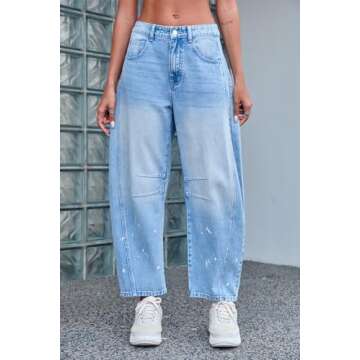 GREAIDEA Mid Rise Barrel Jeans for Women Wide Leg Mid Waist Cropped Denim Pants Y2k Baggy Boyfriend Jeans with Pockets