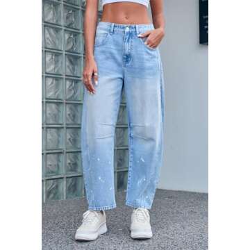 GREAIDEA Mid Rise Barrel Jeans for Women Wide Leg Mid Waist Cropped Denim Pants Y2k Baggy Boyfriend Jeans with Pockets