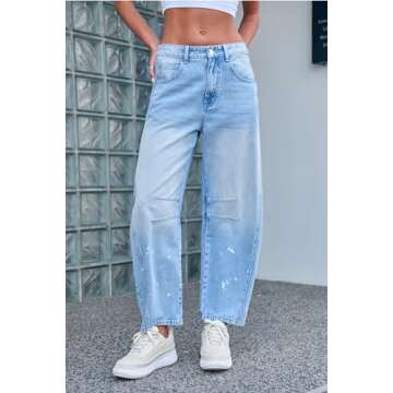 GREAIDEA Mid Rise Barrel Jeans for Women Wide Leg Mid Waist Cropped Denim Pants Y2k Baggy Boyfriend Jeans with Pockets