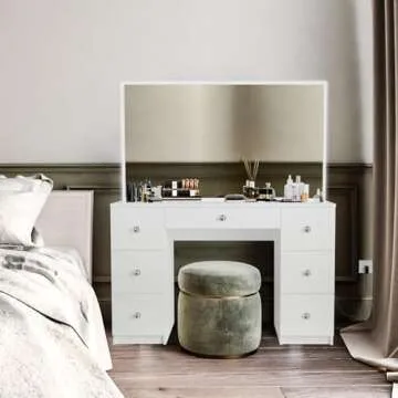 Boahaus Sabrina Modern Vanity Desk with Mirror and Lights, 7 Drawers, Large Standing Mirror, White Makeup Vanity, Bedroom Vanity with Mirror, LED Lights, Basic Knobs