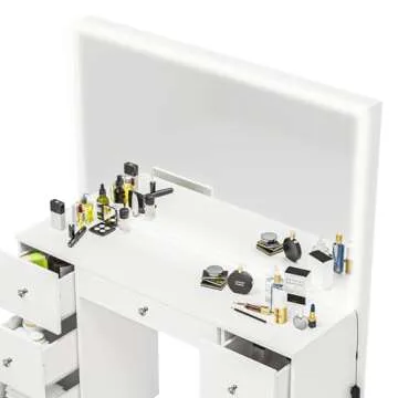 Boahaus Sabrina Modern Vanity Desk with Mirror and Lights, 7 Drawers, Large Standing Mirror, White Makeup Vanity, Bedroom Vanity with Mirror, LED Lights, Basic Knobs