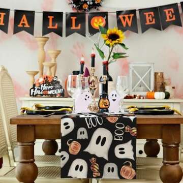 ARKENY Halloween Ghost Table Runner 13x72 Inches, Pumpkin Black Boo Holiday Indoor Outdoor Table Dec...