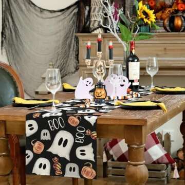 ARKENY Halloween Ghost Table Runner 13x72 Inches, Pumpkin Black Boo Holiday Indoor Outdoor Table Decoration for Home