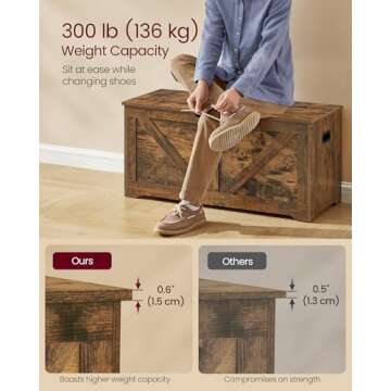 VASAGLE Storage Chest, Storage Trunk with 2 Safety Hinges, Storage Bench, Shoe Bench, Farmhouse Style, 15.7 x 39.4 x 18.1 Inches, for Entryway, Bedroom, Living Room, Rustic Brown ULSB060T01