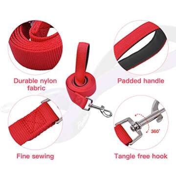 PUPTECK Reflective Dog Leash with Comfortable Padded Handle Durable Nylon Dog Lead for Small Medium and Large Dogs Cats Walking Running Training Outside, Red, M